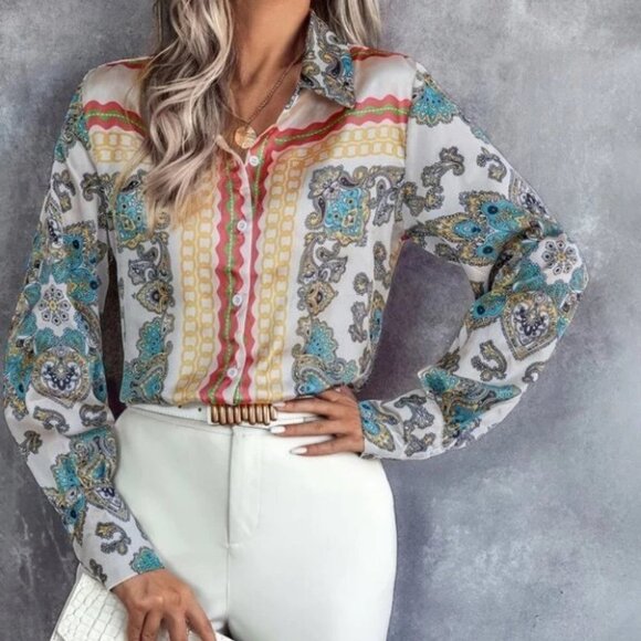 paisley Button down Front long sleeve Shirt Blouse - Picture 1 of 7